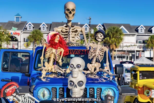 Skeleton Family on Blue Jeep